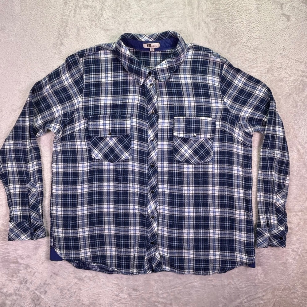 Kut from the Kloth Women Button Down XXL Blue Plaid Snap Front Flannel Shirt